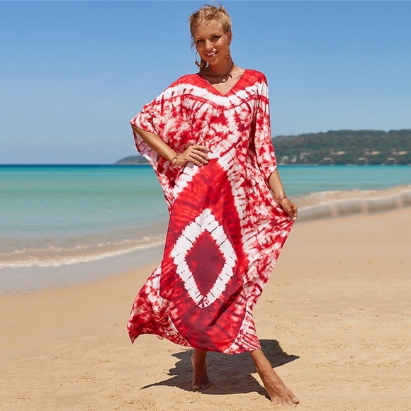 Boho Red Summer Tie Dye V-neck Batwing Sleeve Kaftan Maxi Dress, Beach Cover Up - Picture 2 of 9